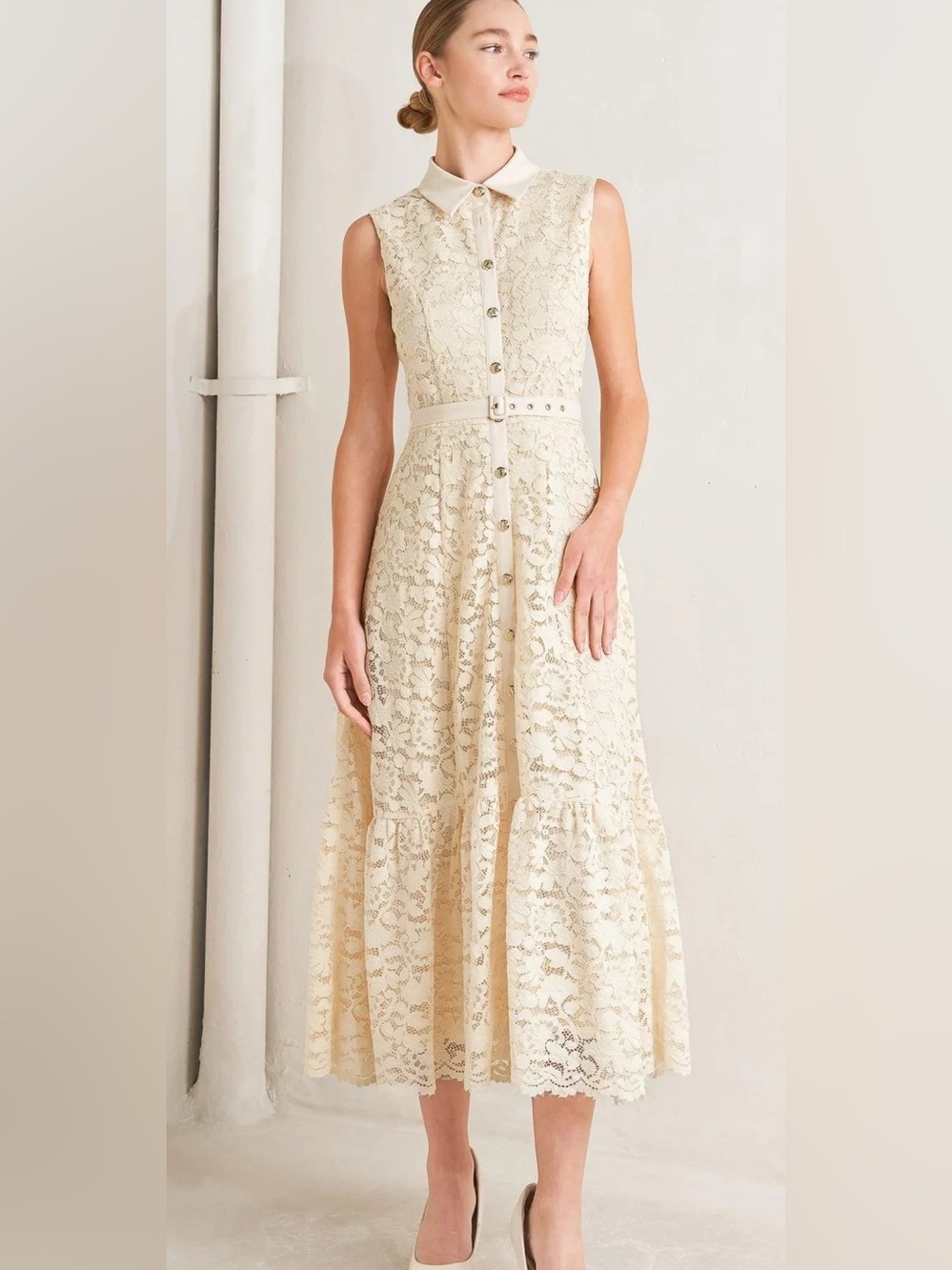 NWT Freemarket Ivory Lace Belted Midi Dress — Size Large